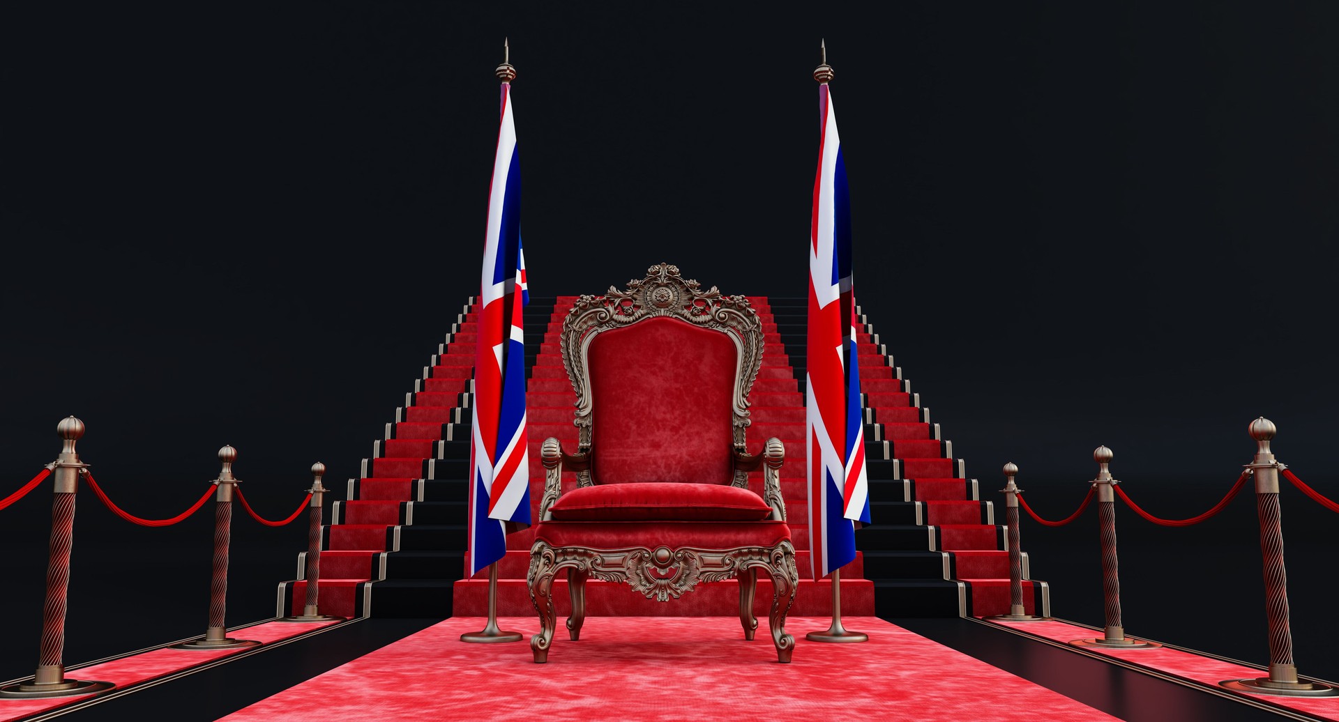 Red royal chair on a red carpet background with barrieres, Red royal chair on a dark background betwin united kingdoom flags, flag of uk hanging on a flag pole,